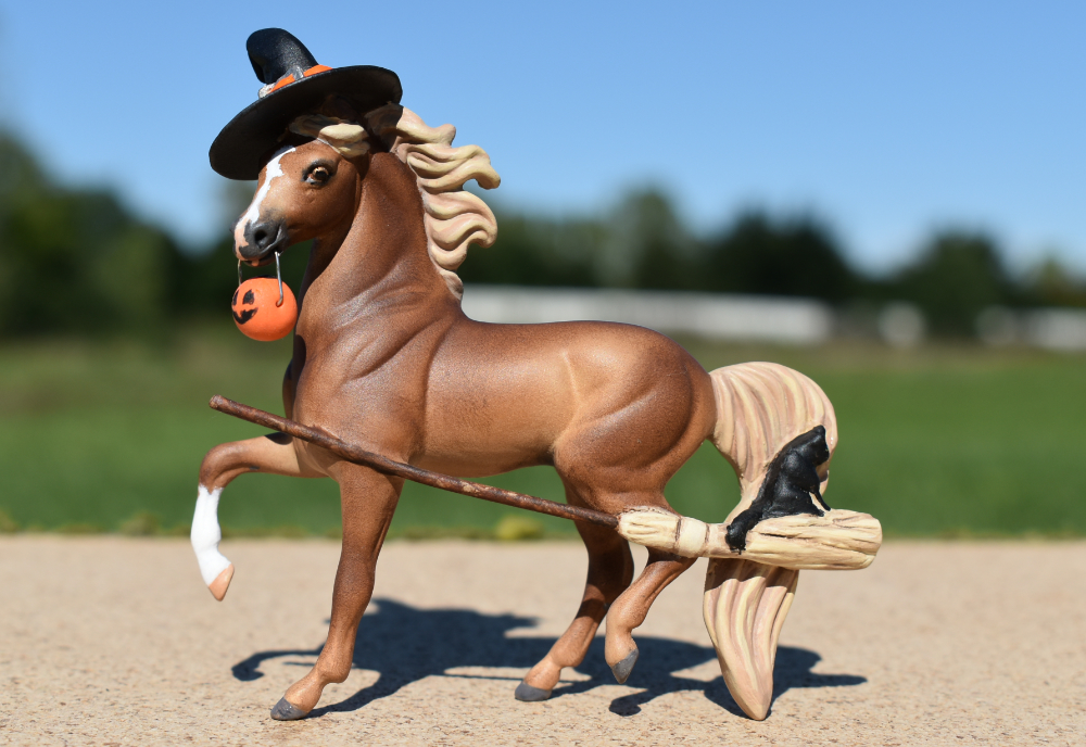 CM Breyer by Sarah Tregay, a Custom Mini/ Stablemate Model Horse to liver chestnut witch with broom and black cat, a Halloween decorator Breyer Stablmate