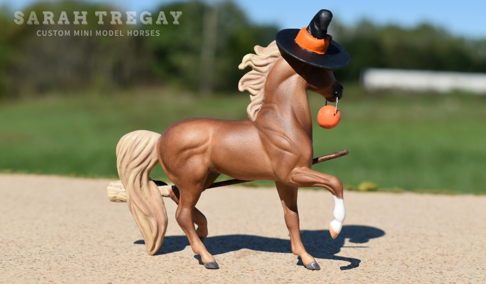 CM Breyer by Sarah Tregay, a Custom Mini/ Stablemate Model Horse to liver chestnut witch with broom and black cat, a Halloween decorator Breyer Stablmate