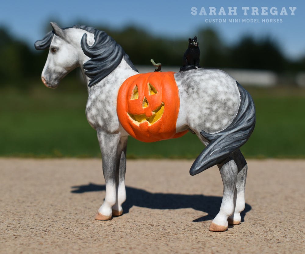 CM Breyer by Sarah Tregay, a Custom Mini/ Stablemate Model Horse to dapple gray connemara stallion with jack-o-lantern and black cat, a Halloween decorator Breyer Stablmate