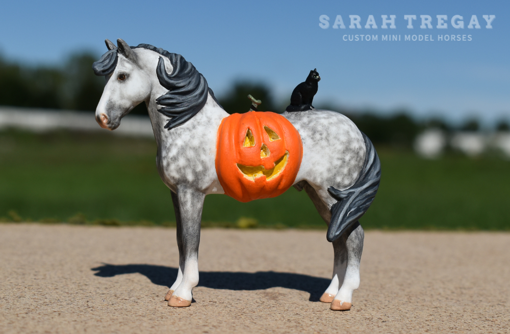 CM Breyer by Sarah Tregay, a Custom Mini/ Stablemate Model Horse to dapple gray connemara stallion with jack-o-lantern and black cat, a Halloween decorator Breyer Stablmate