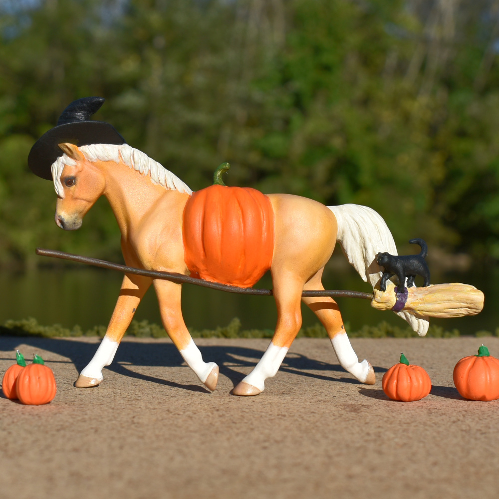 Custom Halloween Model horse (Breyer Stablemate) with a pumpkin belly by Sarah Tregay