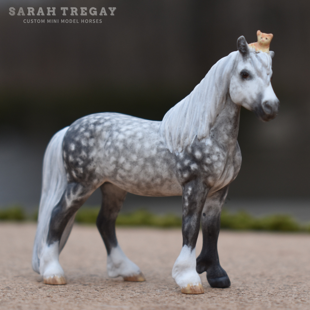 CM Breyer by Sarah Tregay, a Dapple gray Custom Mini/ Stablemate Model Horse Breyer pony with cute kitten on her head