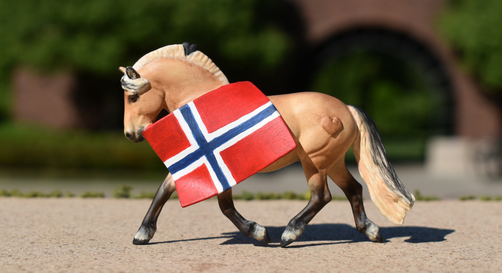 CM Breyer by Sarah Tregay, a Custom Mini/ Stablemate Model Horse Fjord with Norwegian Flag 