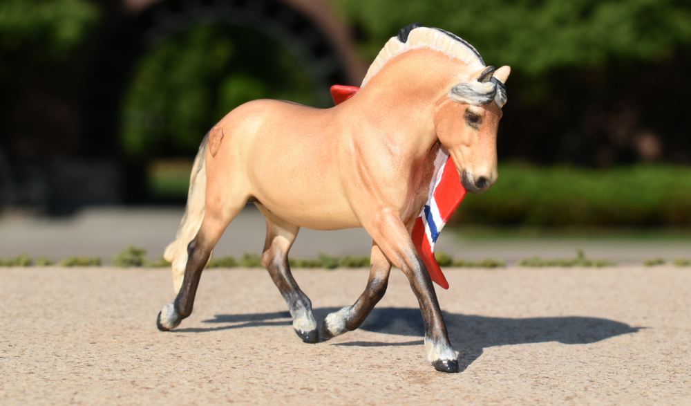 CM Breyer by Sarah Tregay, a Custom Mini/ Stablemate Model Horse Fjord with Norwegian Flag 