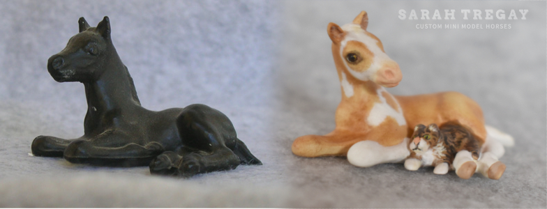 Breyer Stablemate Mold: Thoroughbred Lying Foal (G1) - by Maureen Love , 1975, and custom mini by Sarah Tregay