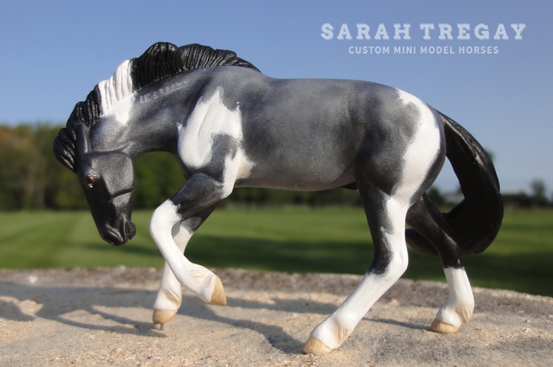 Rivet custom to a blue roam paint mustang with freeze brand, custom mini model horses by Sarah Tregay (Breyer Stablemates)