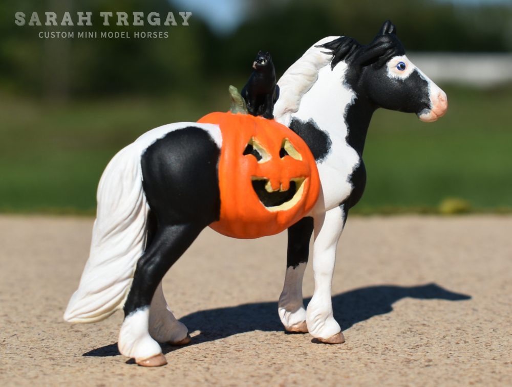 CM Breyer by Sarah Tregay, a Custom Mini/ Stablemate Model Horse to pinto pony mare with jack-o-lantern and black cat, a Halloween decorator Breyer Stablmate