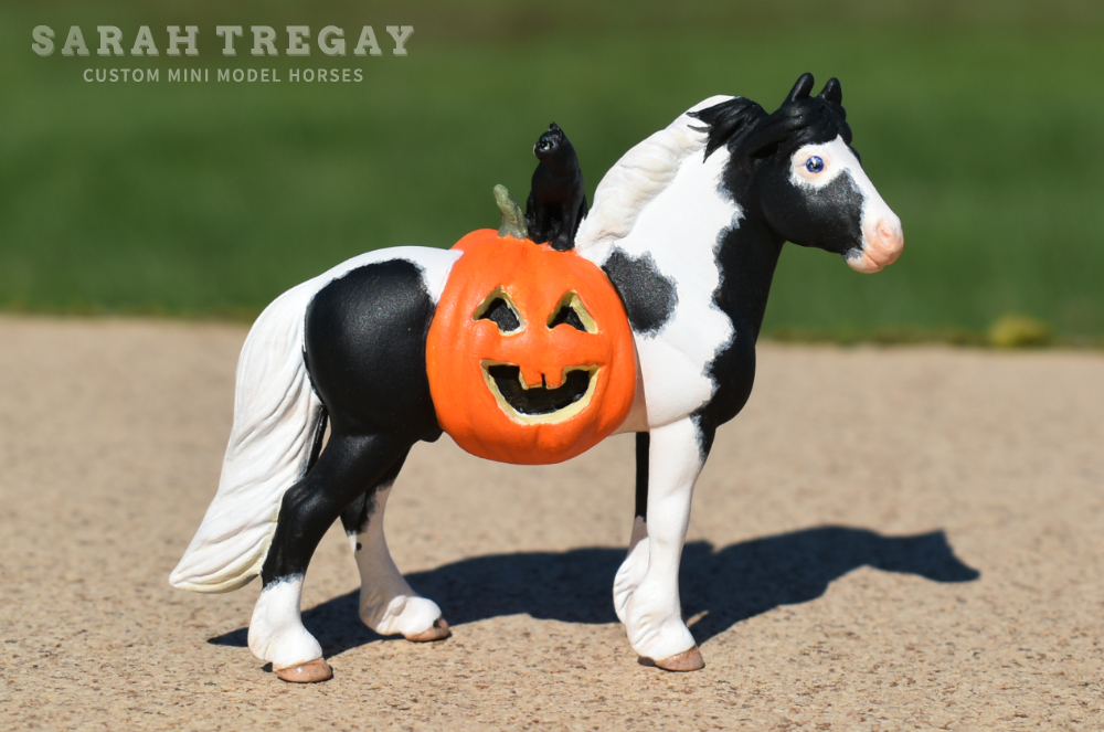 CM Breyer by Sarah Tregay, a Custom Mini/ Stablemate Model Horse to pinto pony mare with jack-o-lantern and black cat, a Halloween decorator Breyer Stablmate